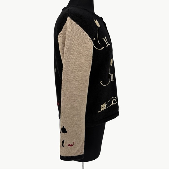 Vintage Y2K Christopher & Banks Embroidered Cat Cardigan | Sz Small | Black/Tan - Picture 9 of 12